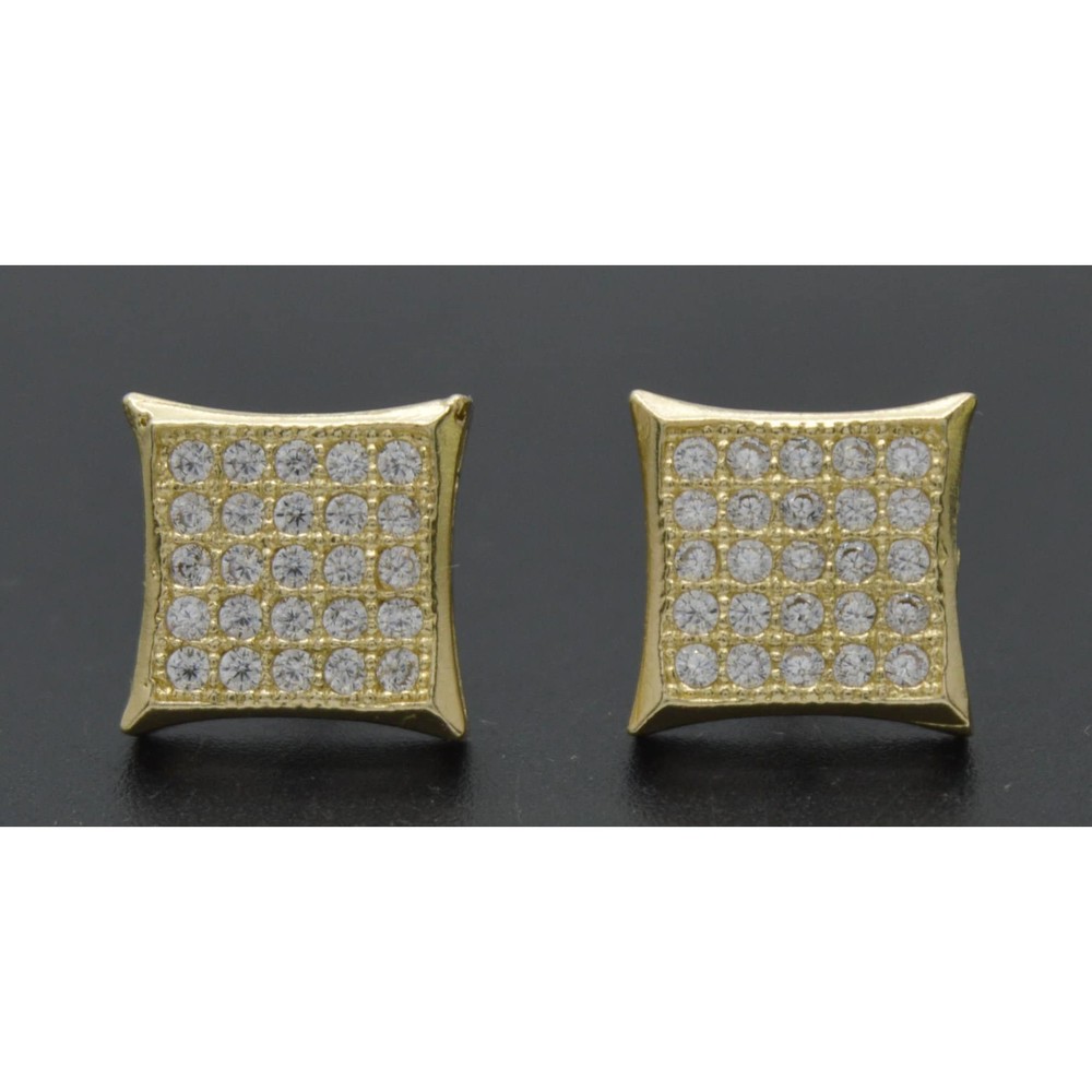 Real 10K Yellow Gold 10mm Concave Square Pave CZ Stud Earrings 3.0gr Men-Women